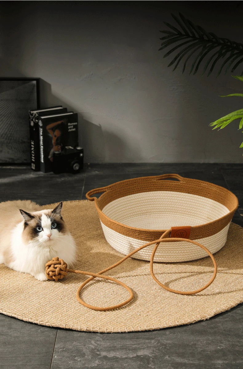 Handwoven Rattan Cat Bed - Natural Eco-Friendly Pet Basket with Removable Washable Cushion & Scratch-Resistant Base
