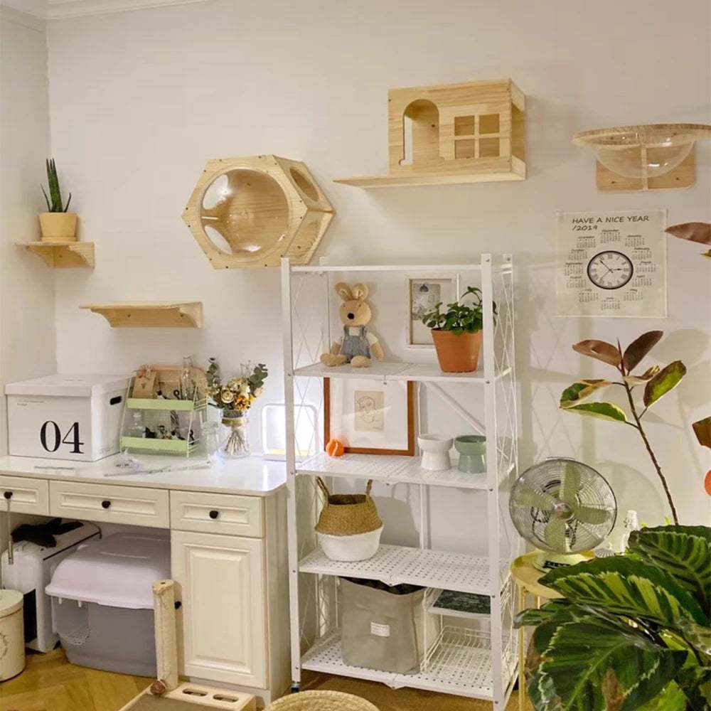 Modular Wall-Mounted Cat Climbing System - Wooden Cat Tree Shelves with Hammocks & Scratching Posts