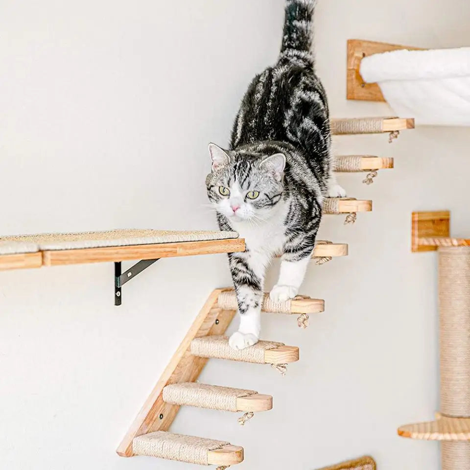 Wooden Cat Wall Climbing System - Modular Shelves & Scratching Posts with Sisal Rope