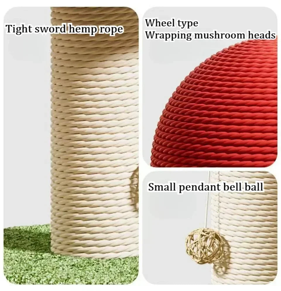 Red Mushroom Cat Scratching Post - Sisal Climbing Tower with Natural Rope Wrapping