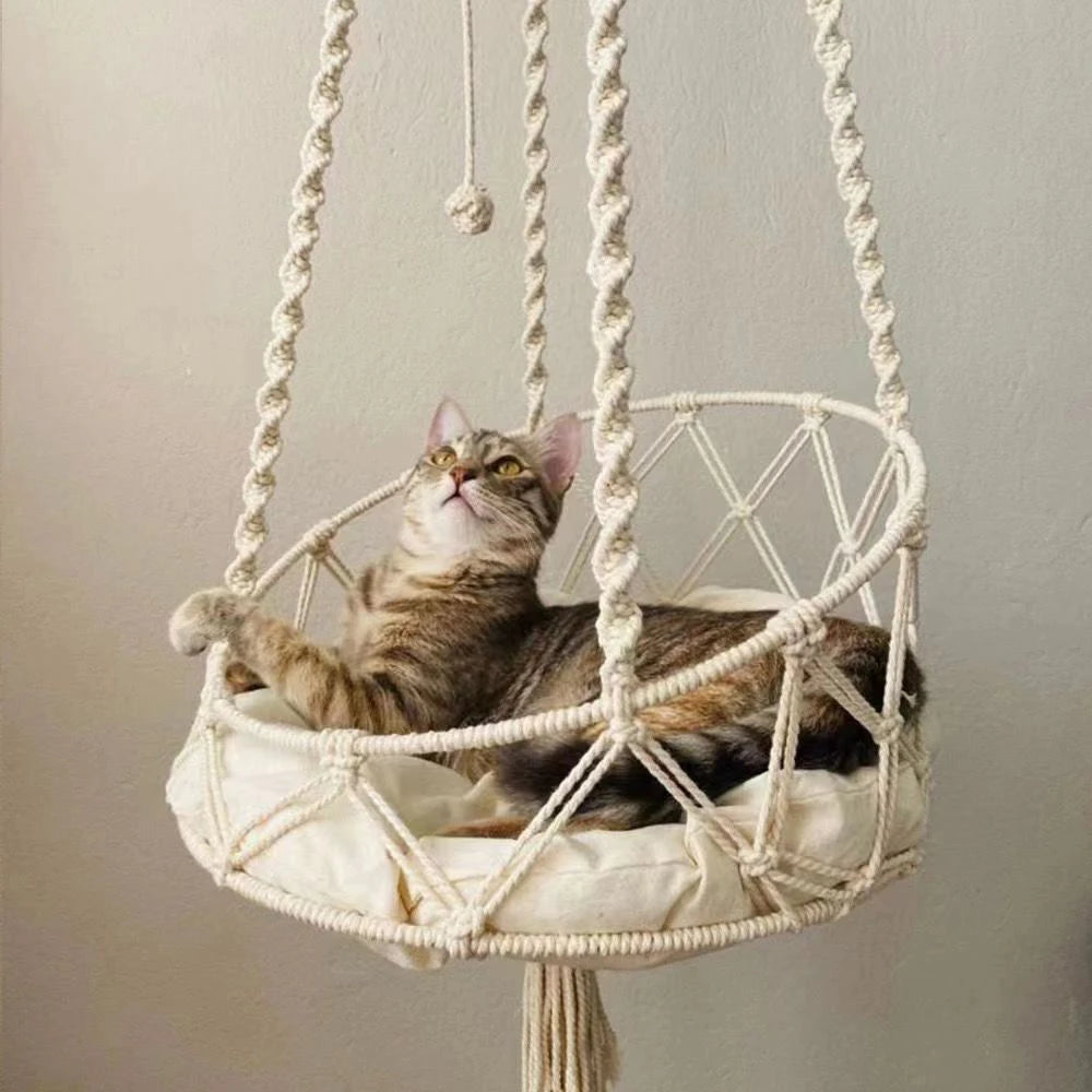 Handwoven Macramé Cat Hammock - Boho Hanging Bed with Cotton Cushion & Decorative Tassels