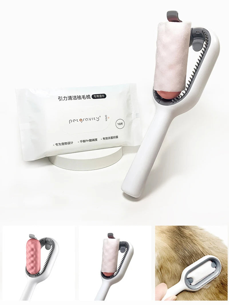Double-Sided Cat Hair Removal Brush with Cleaning Wipes