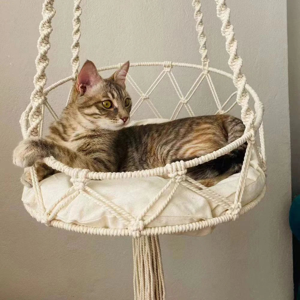 Handwoven Macramé Cat Hammock - Boho Hanging Bed with Cotton Cushion & Decorative Tassels