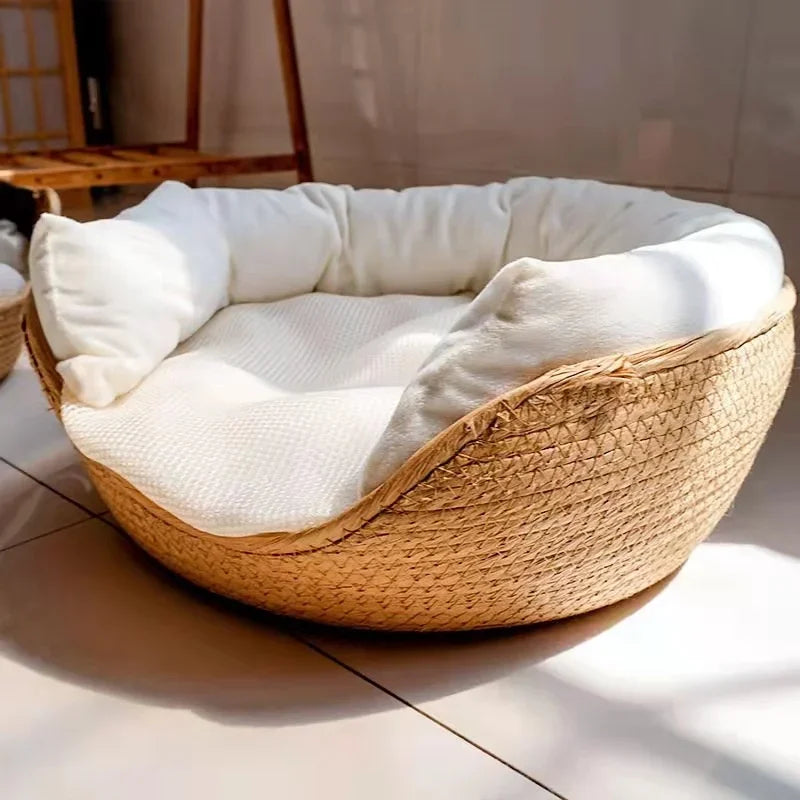 Handwoven Rattan Cat Bed - Natural Breathable Wicker Basket with Plush Cushion for Cats & Small Dogs