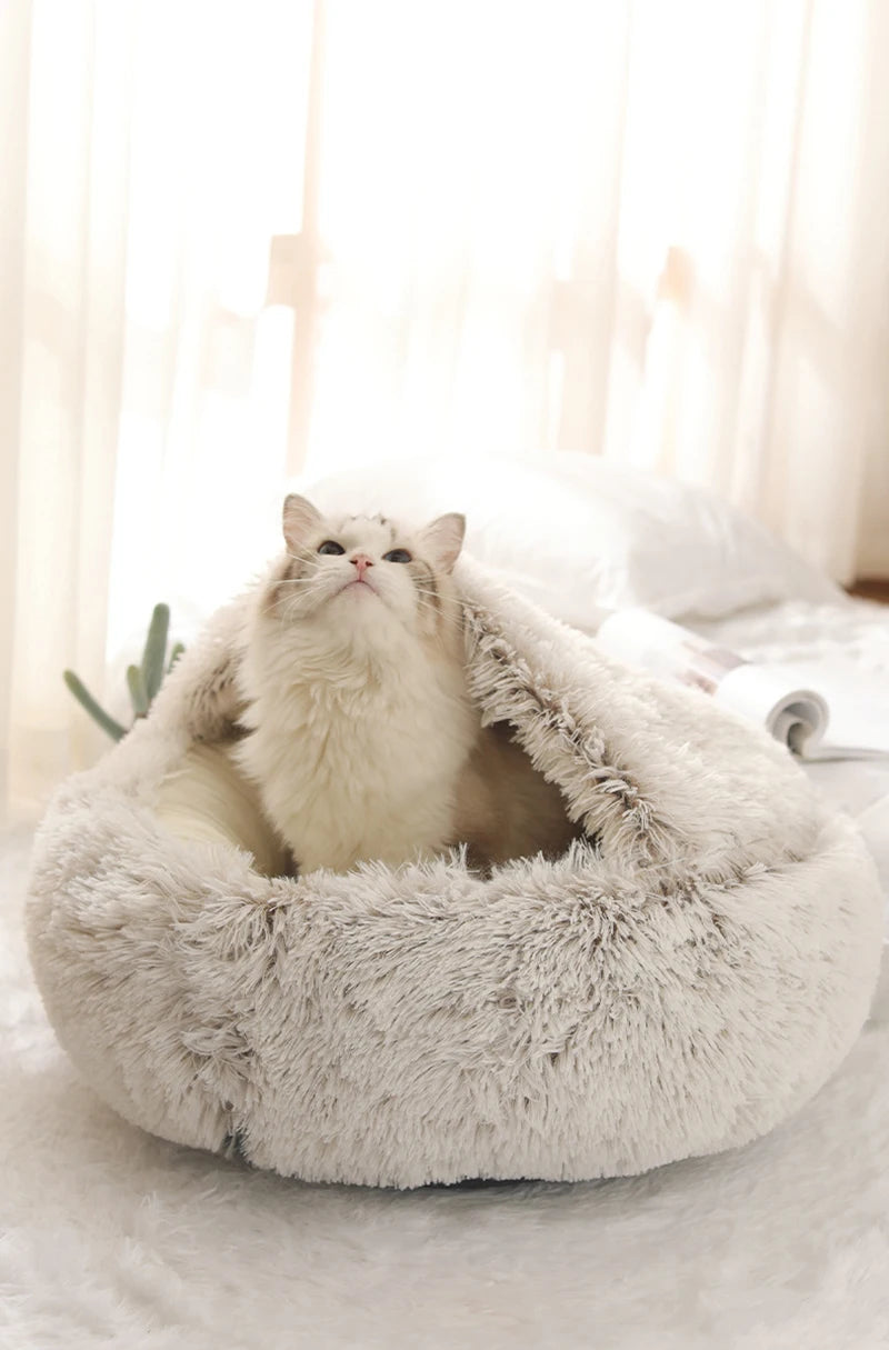 2-in-1 Plush Cave Cat Bed - Convertible Hooded Pet Nest with Removable Cover for Small Cats & Dogs