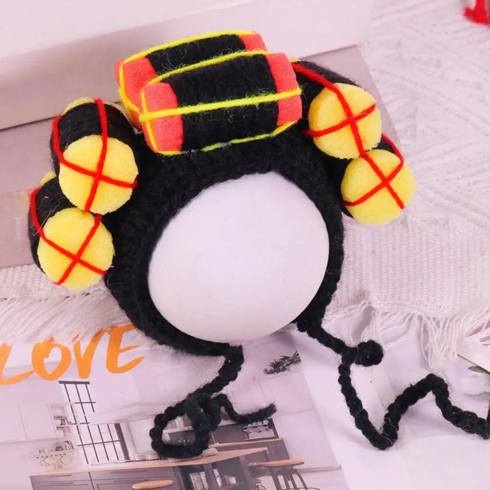 Cat Hat with Hair Rollers - Adjustable Knitted Pet Headdress for Dress-Up and Photography