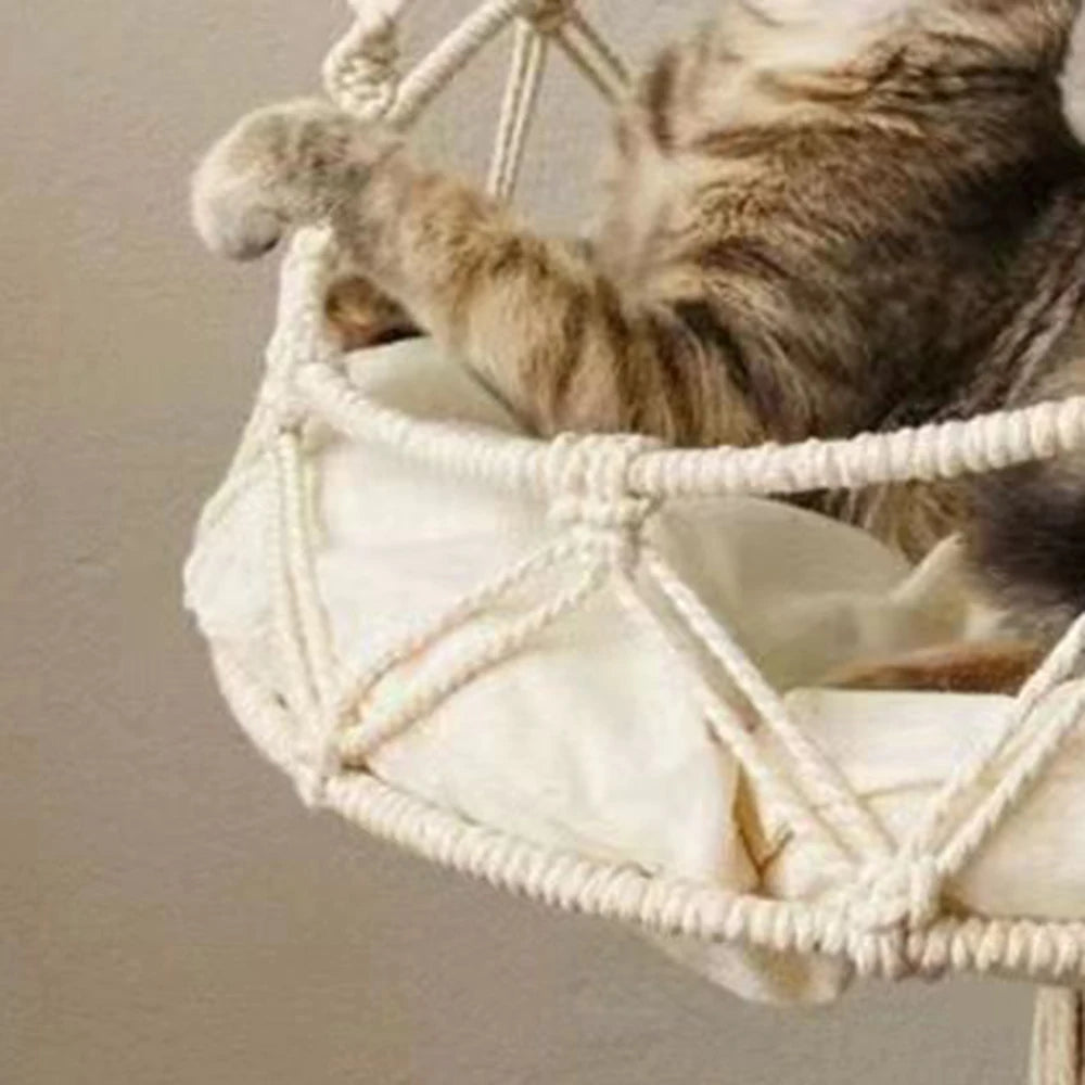 Handwoven Macramé Cat Hammock - Boho Hanging Bed with Cotton Cushion & Decorative Tassels