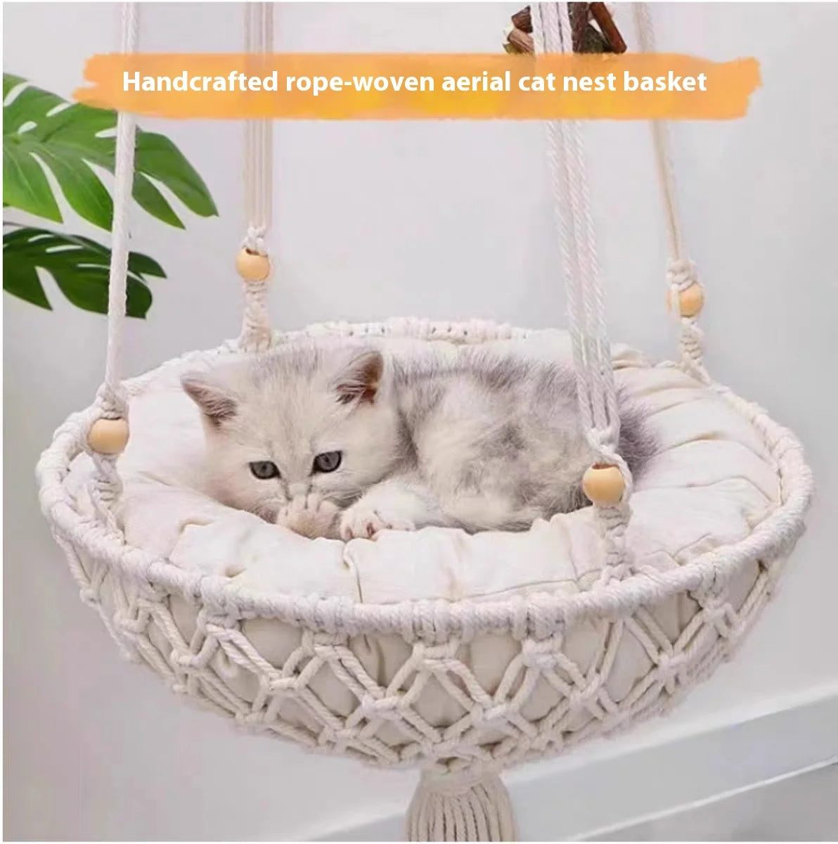 Macramé Cat Hammock - Handwoven Hanging Basket Bed with Wall Mount & Adjustable Height