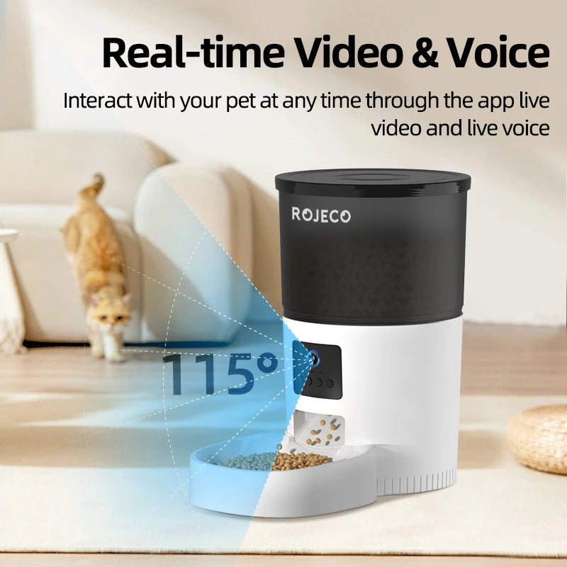 ROJECO Smart Automatic Cat Feeder with Camera - Remote Control Pet Food Dispenser with Voice Recording for Cats and Dogs