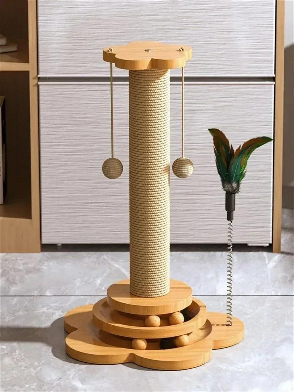 Natural Sisal Cat Scratching Post with Interactive Toy - Multi-Level Wooden Cat Furniture