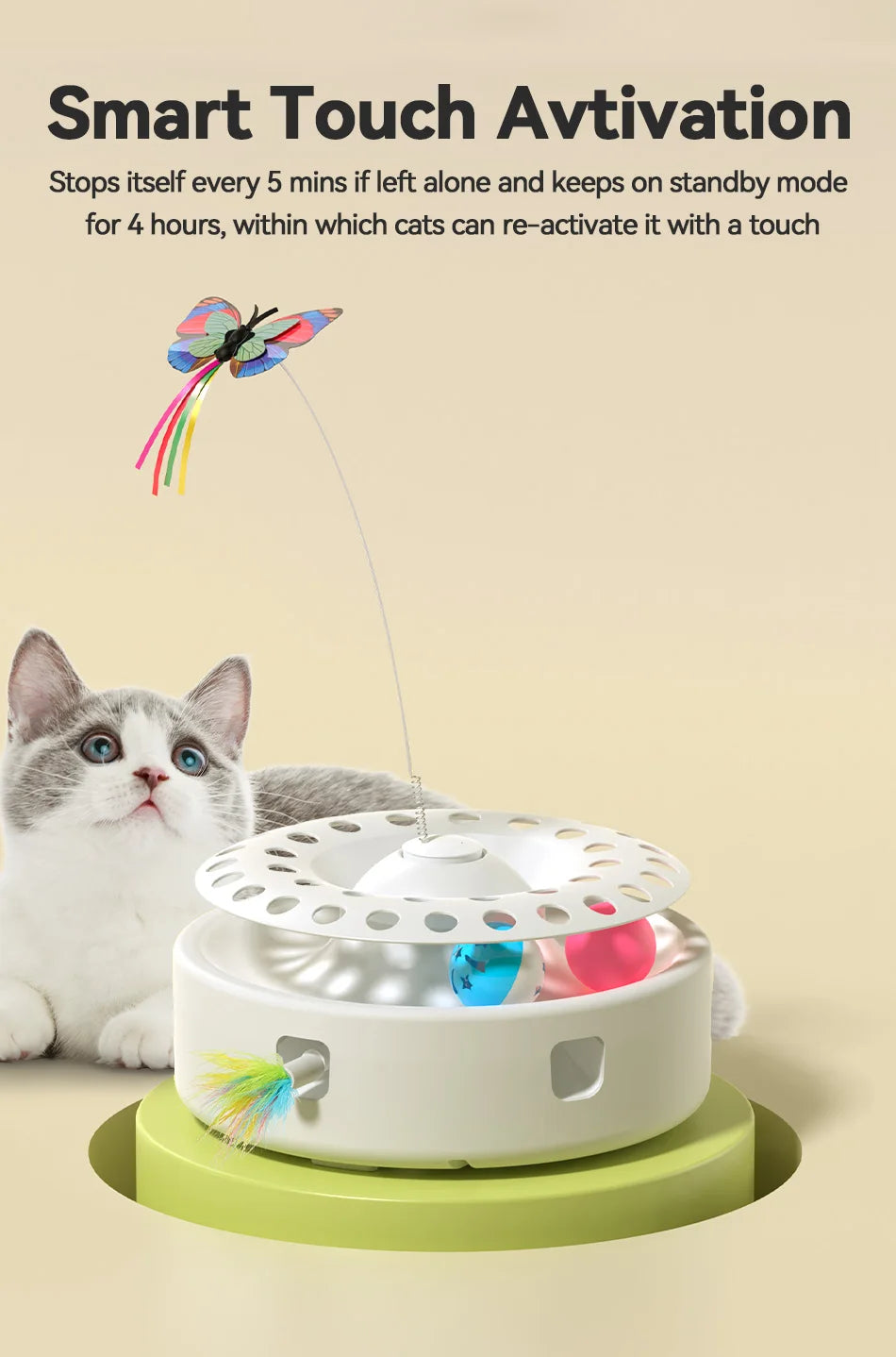 ROJECO 3-in-1 Automatic Interactive Cat Toy - Wireless Feather Teaser with Track Ball and Ambush Play Station for Indoor Cats