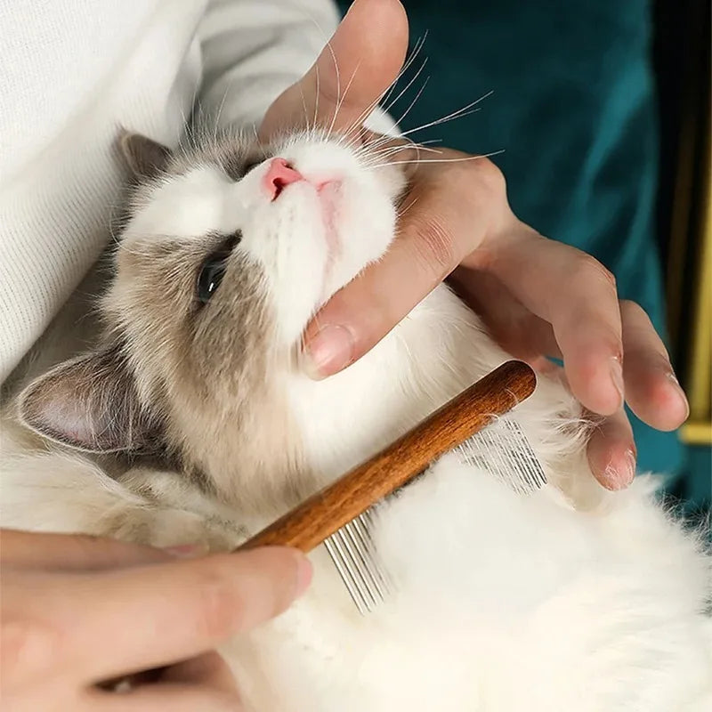 Wooden Handle Cat Grooming Comb - Stainless Steel Pet Hair Remover & Massage Brush