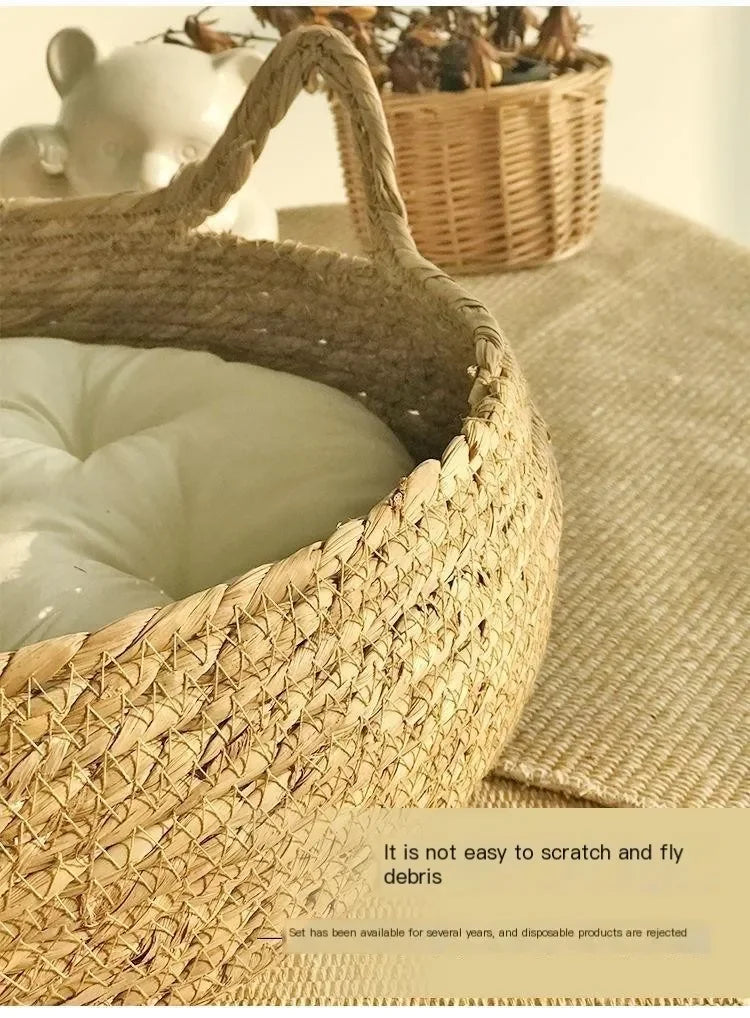 Handwoven Natural Cat Bed - Removable Cushion with Year-Round Comfort & Easy-Wash Design