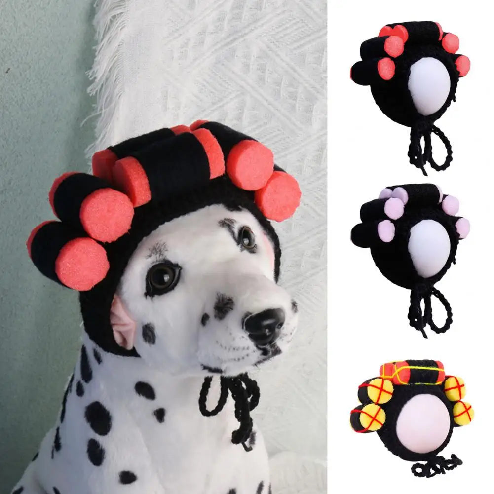 Cat Hat with Hair Rollers - Adjustable Knitted Pet Headdress for Dress-Up and Photography
