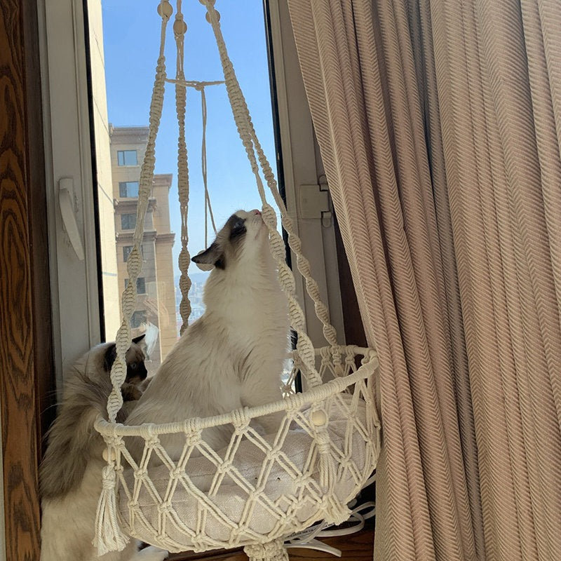 Handwoven Macramé Cat Hammock - Suspended Cotton Rope Basket with Cushion for Indoor Cats