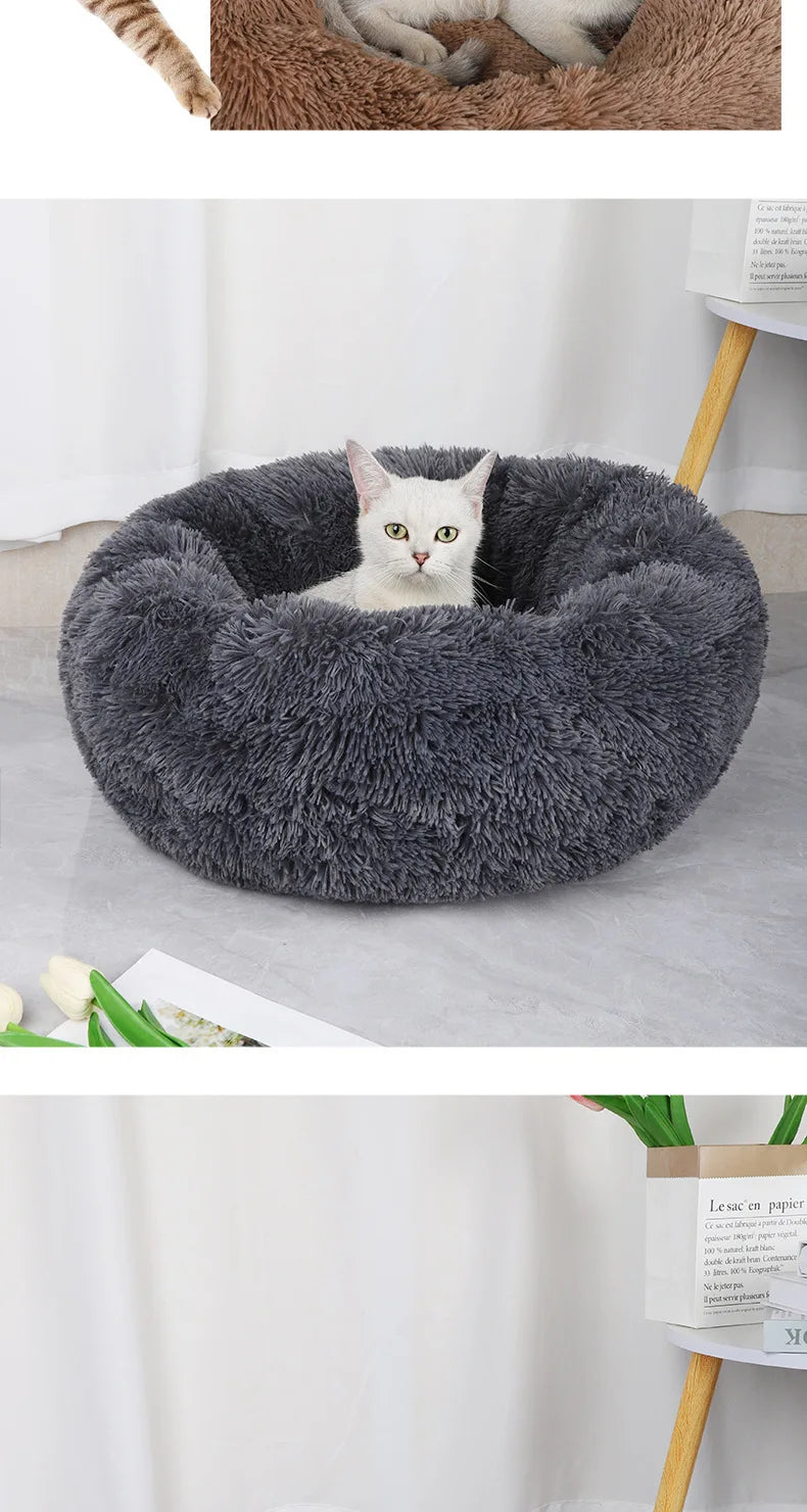 Luxurious Round Plush Cat Bed - Cosy Donut Design with Removable Washable Cover