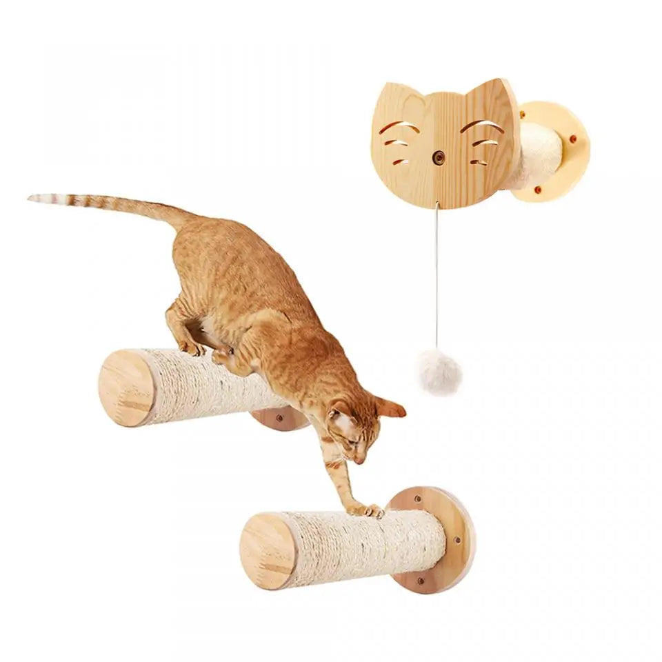 Wooden Cat Wall Climbing System - Modular Shelves & Scratching Posts with Sisal Rope