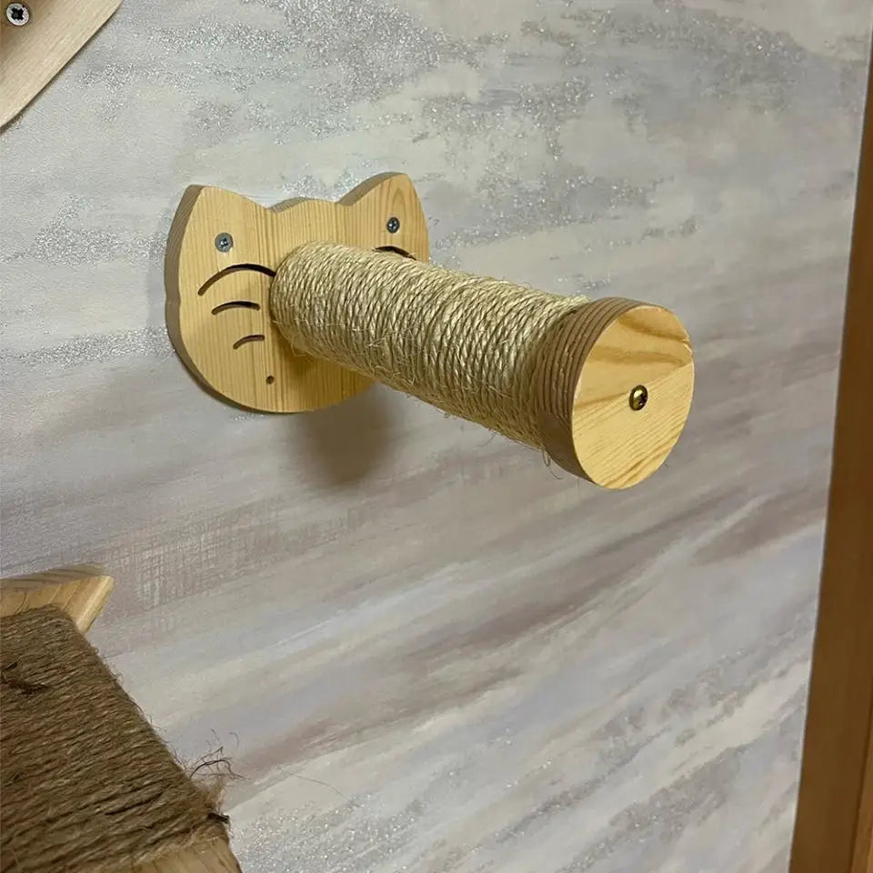 Wooden Cat Wall Climbing System - Modular Shelves & Scratching Posts with Sisal Rope
