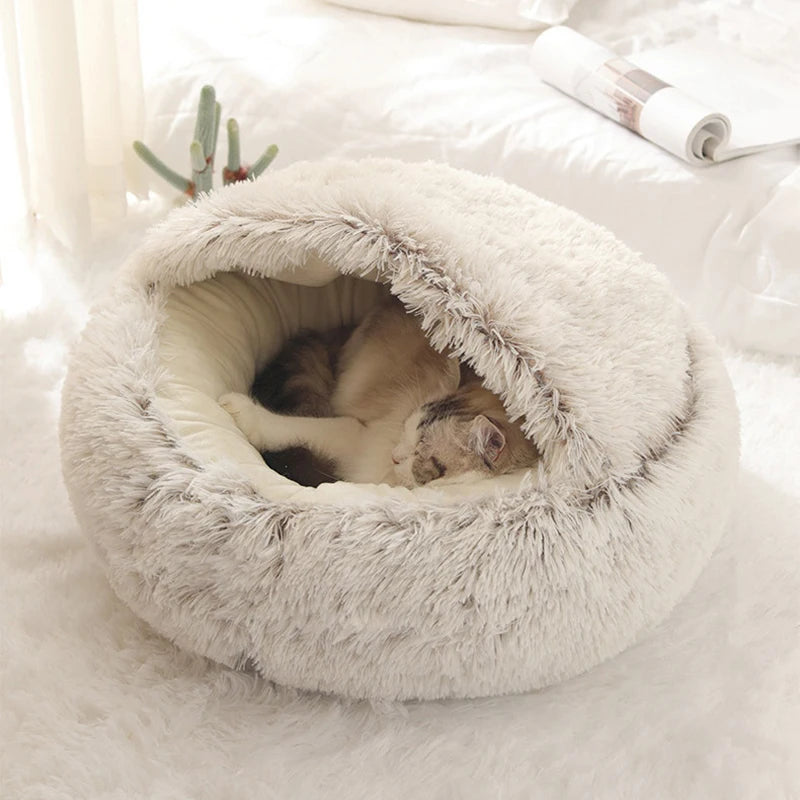 2-in-1 Plush Cave Cat Bed - Convertible Hooded Pet Nest with Removable Cover for Small Cats & Dogs