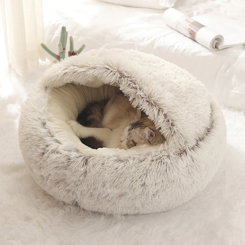 2-in-1 Plush Cave Cat Bed - Convertible Hooded Pet Nest with Removable Cover for Small Cats & Dogs