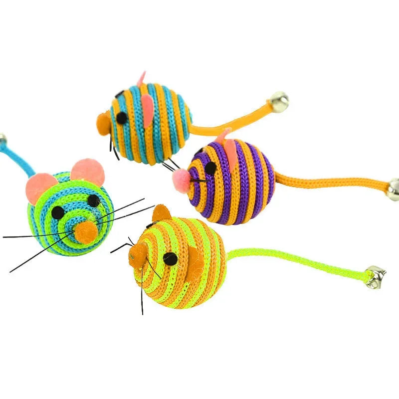 Interactive Cat Toy Mouse with Bell - Striped Nylon Rope Ball