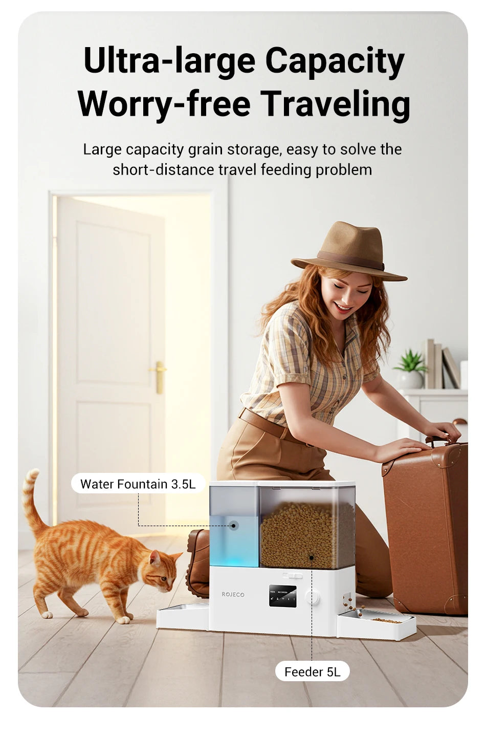 ROJECO 2-in-1 Automatic Cat Feeder & Water Fountain - 5L Food Dispenser & 3.5L Water Bowl with WiFi App Control