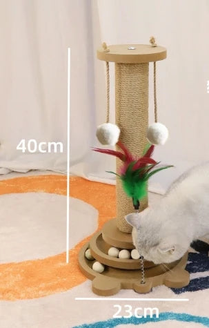 Natural Sisal Cat Scratching Post with Interactive Toy - Multi-Level Wooden Cat Furniture