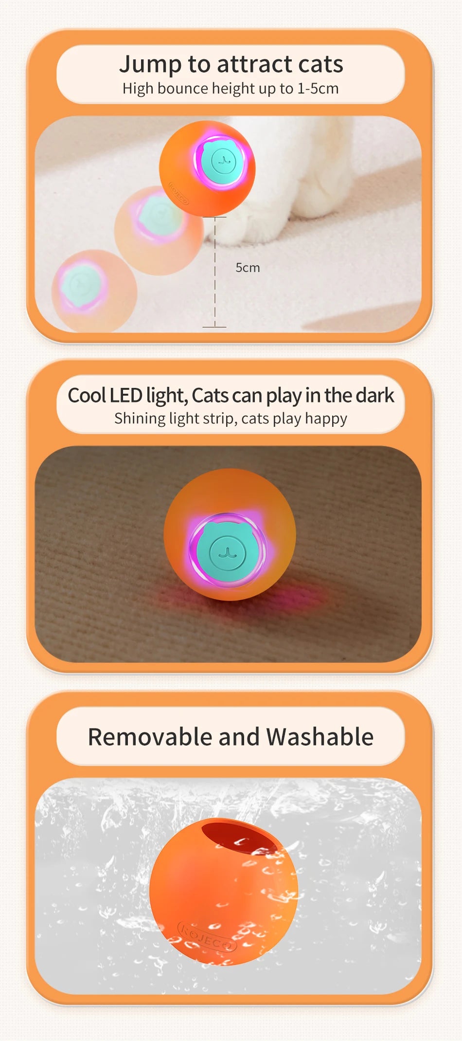 ROJECO Interactive Smart Cat Ball - Self-Rolling Automatic Cat Toy with LED Lights