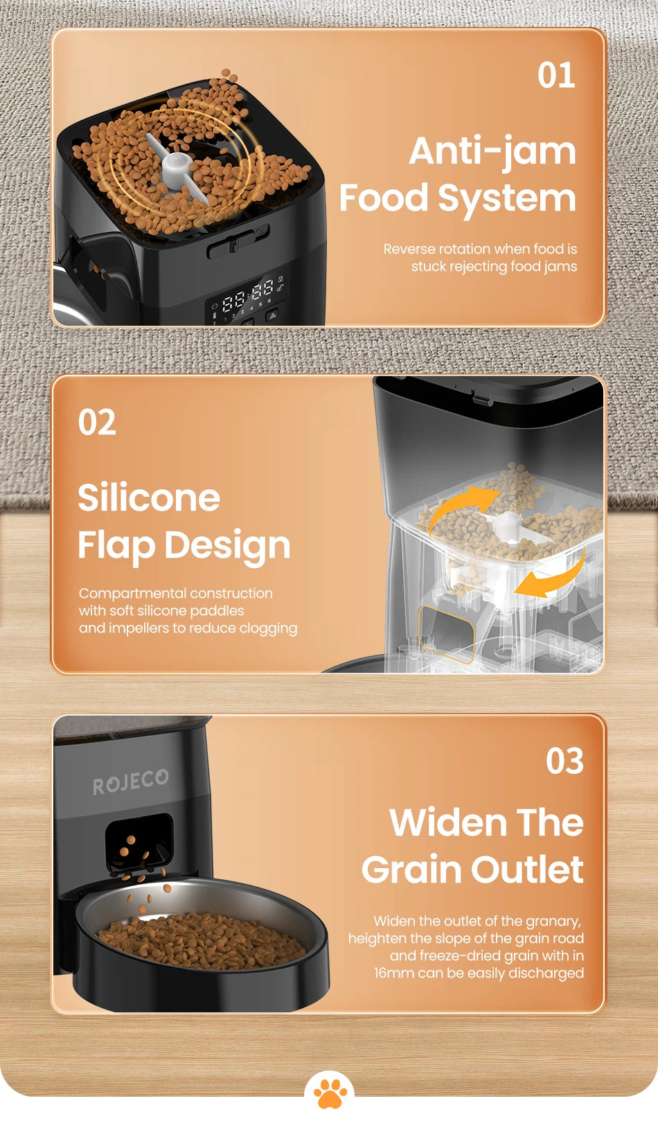 ROJECO Automatic Cat Feeder with LCD Display - Programmable Pet Food Dispenser for Cats and Dogs