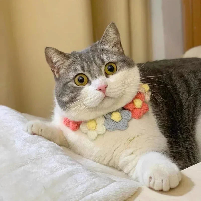 Handmade Crochet Cat Collar – Cotton Flower Bib Bandana