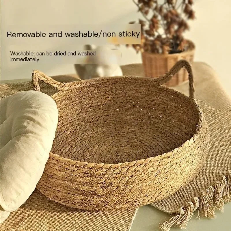 Handwoven Natural Cat Bed - Removable Cushion with Year-Round Comfort & Easy-Wash Design