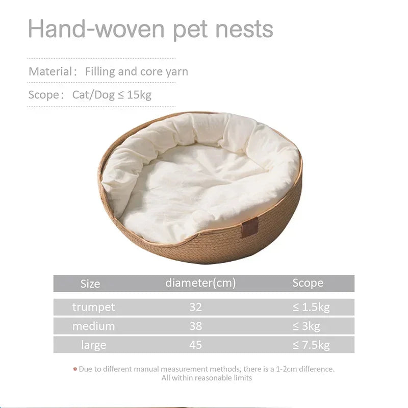 Handwoven Rattan Cat Bed - Natural Breathable Wicker Basket with Plush Cushion for Cats & Small Dogs