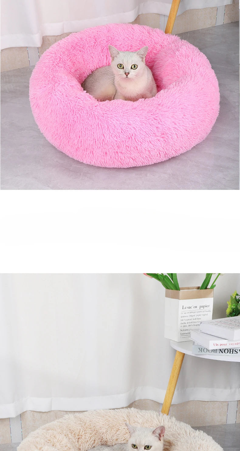 Luxurious Round Plush Cat Bed - Cosy Donut Design with Removable Washable Cover