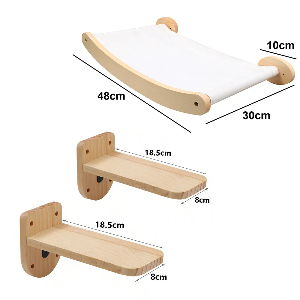 Modular Wall-Mounted Cat Climbing System - Wooden Cat Tree Shelves with Hammocks & Scratching Posts