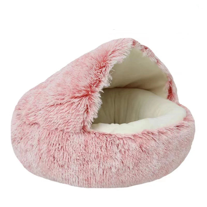 2-in-1 Plush Cave Cat Bed - Convertible Hooded Pet Nest with Removable Cover for Small Cats & Dogs