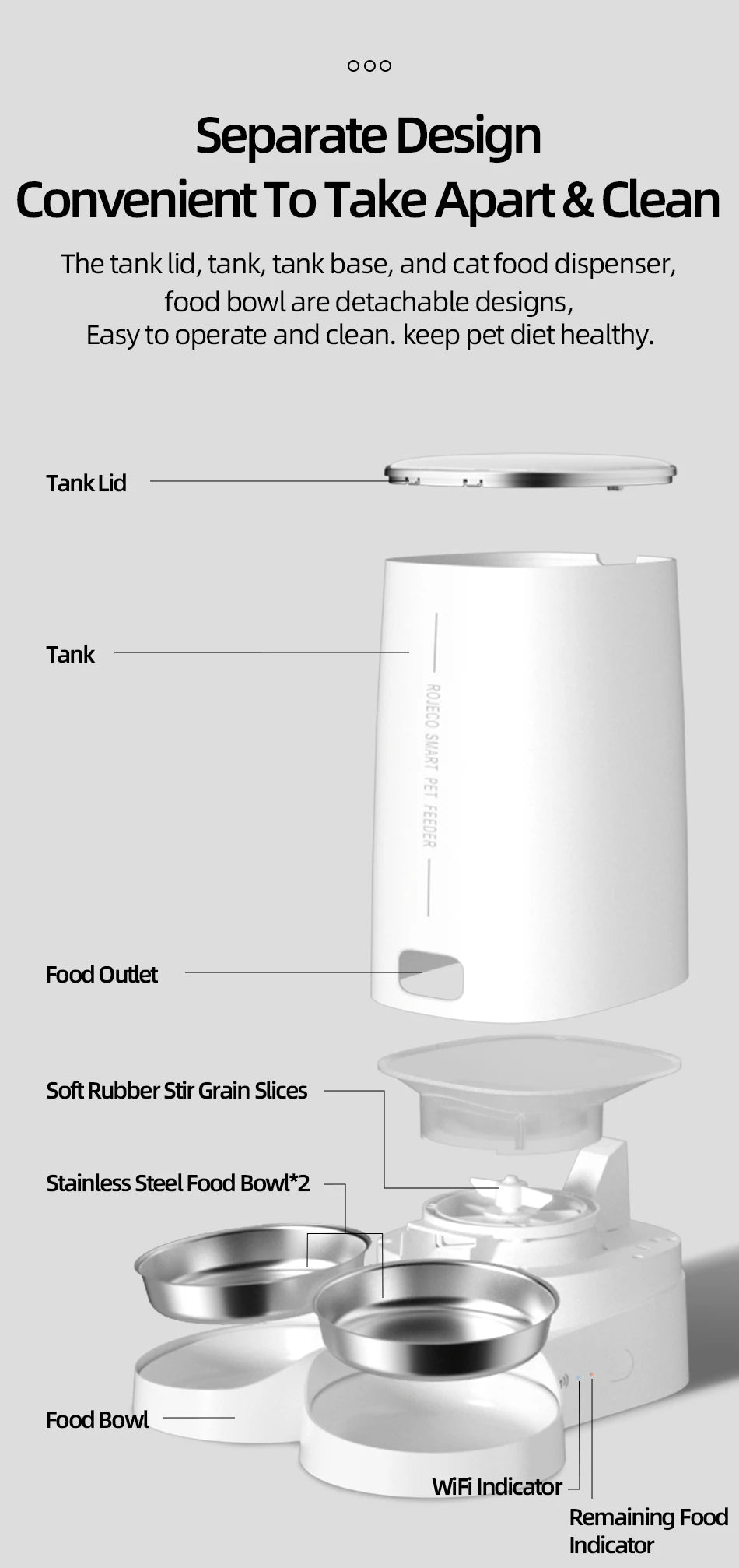 ROJECO 4L Automatic Cat Feeder with WiFi Remote Control - Smart Pet Food Dispenser for Cats