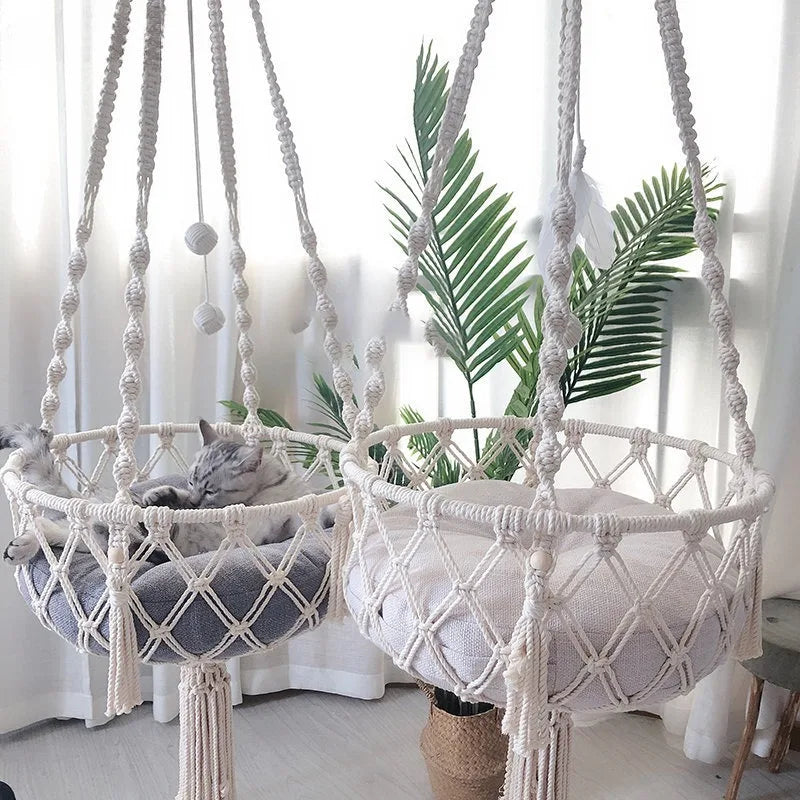 Handwoven Macramé Cat Hammock - Suspended Cotton Rope Basket with Cushion for Indoor Cats