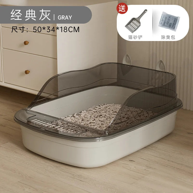 Semi-Enclosed Cat Litter Tray with High Splash Guards & Free Scoop - Easy Clean Open Top Design