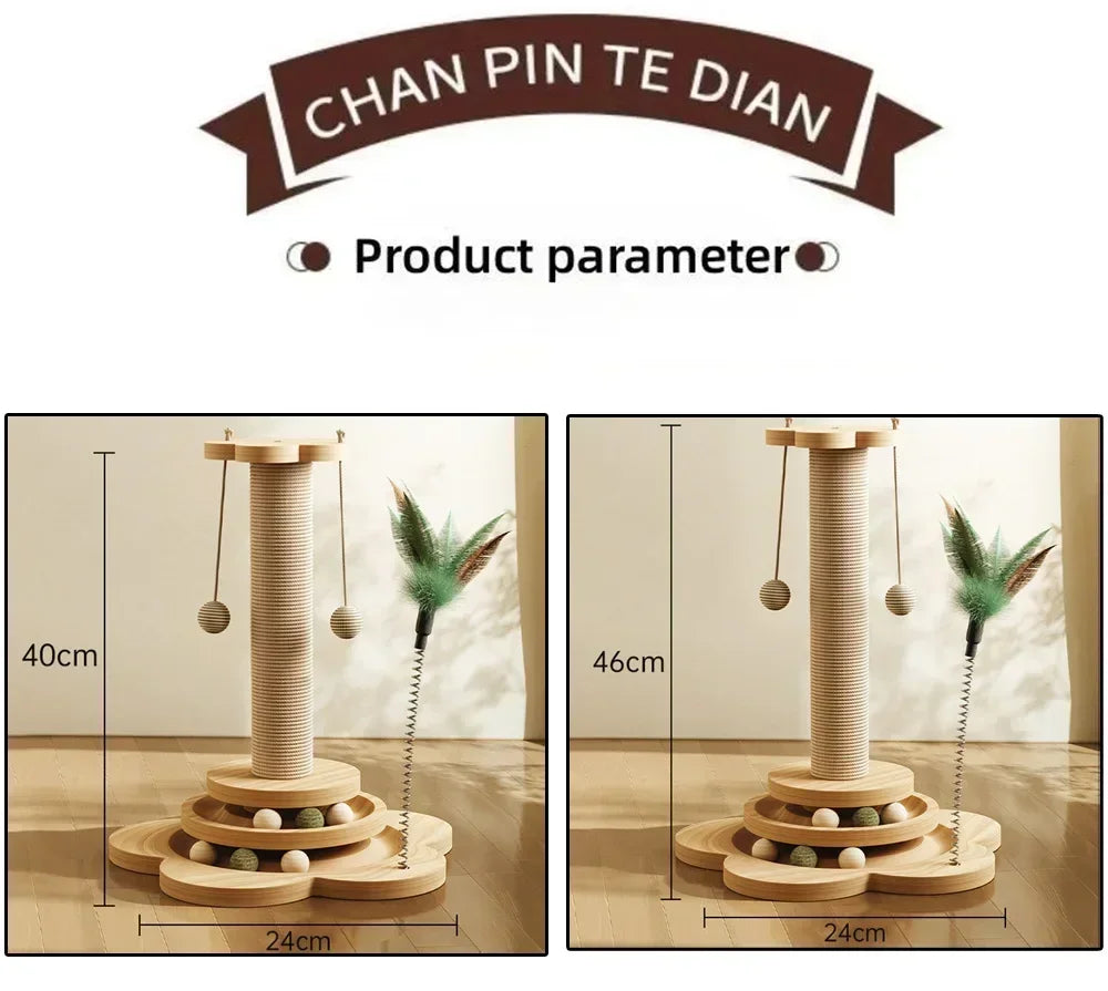 Natural Sisal Cat Scratching Post with Interactive Toy - Multi-Level Wooden Cat Furniture