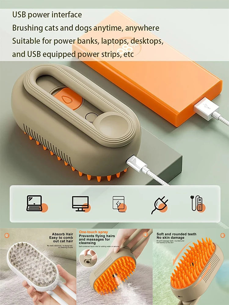 Steam Cat Brush (3-in-1 USB Rechargeable) - Electric Grooming Tool with Massage & Deshedding