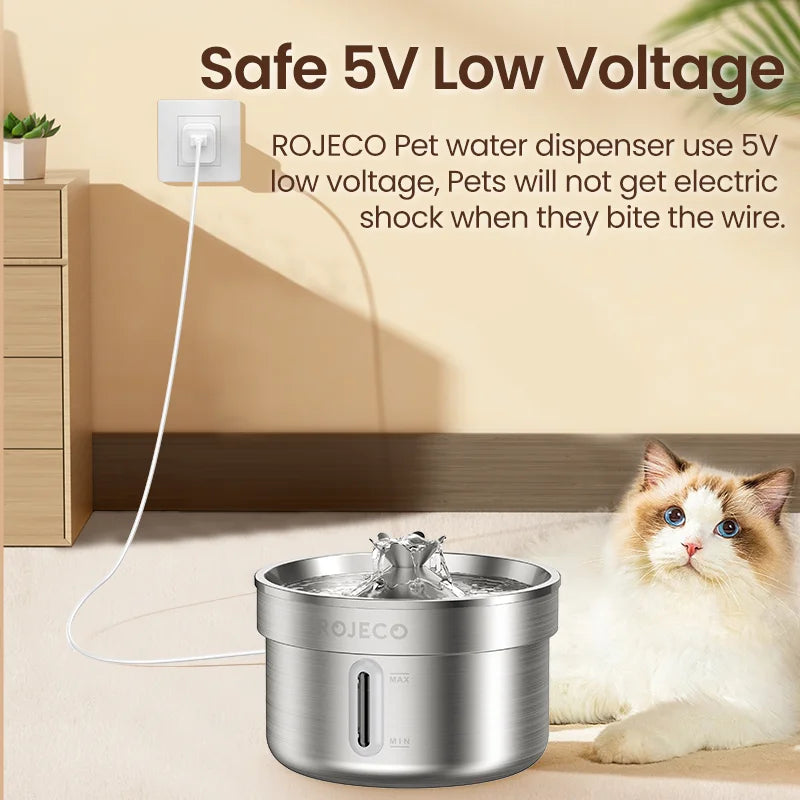 ROJECO Stainless Steel Cat Water Fountain - Automatic Pet Drinking Fountain