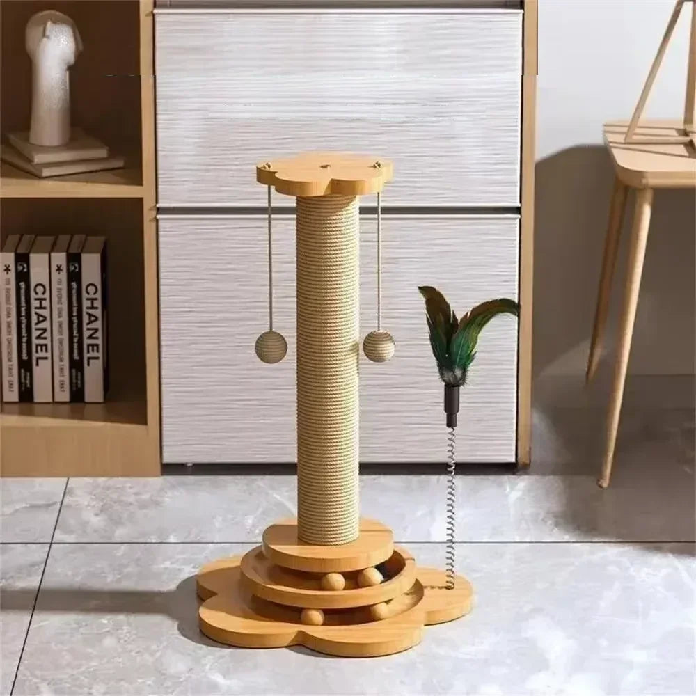 Natural Sisal Cat Scratching Post with Interactive Toy - Multi-Level Wooden Cat Furniture