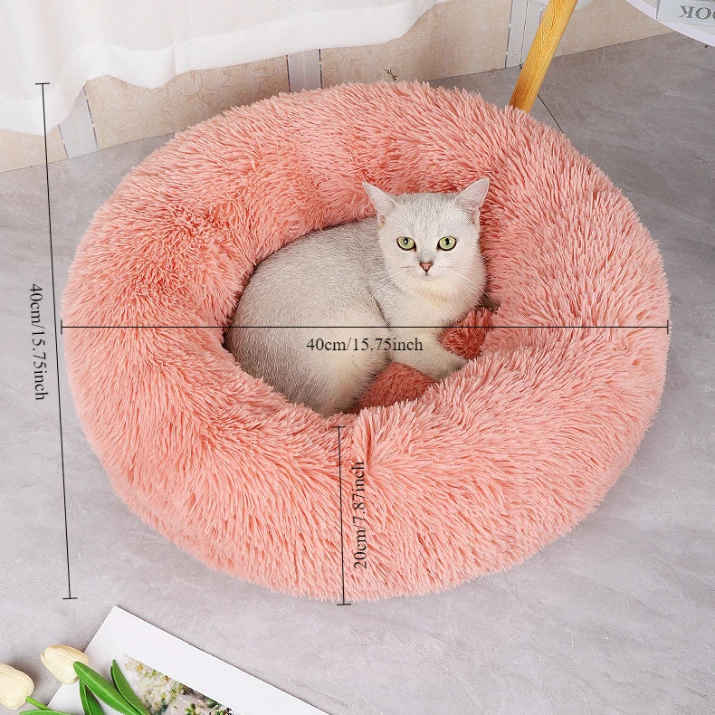 Luxurious Round Plush Cat Bed - Cosy Donut Design with Removable Washable Cover