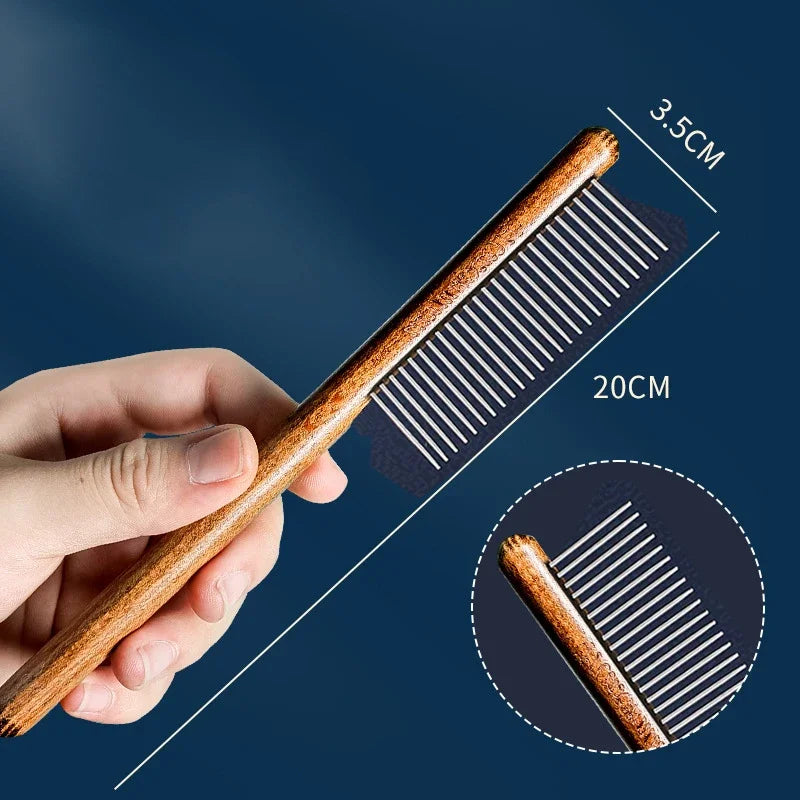 Wooden Handle Cat Grooming Comb - Stainless Steel Pet Hair Remover & Massage Brush