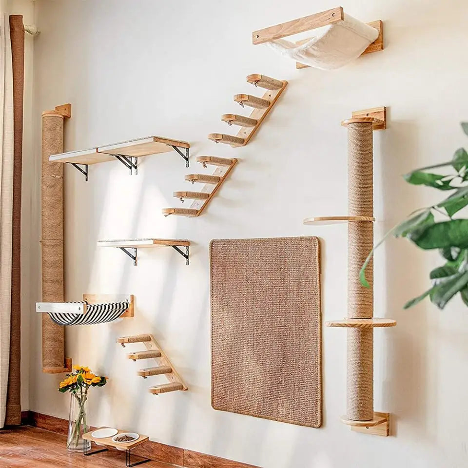 Wooden Cat Wall Climbing System - Modular Shelves & Scratching Posts with Sisal Rope
