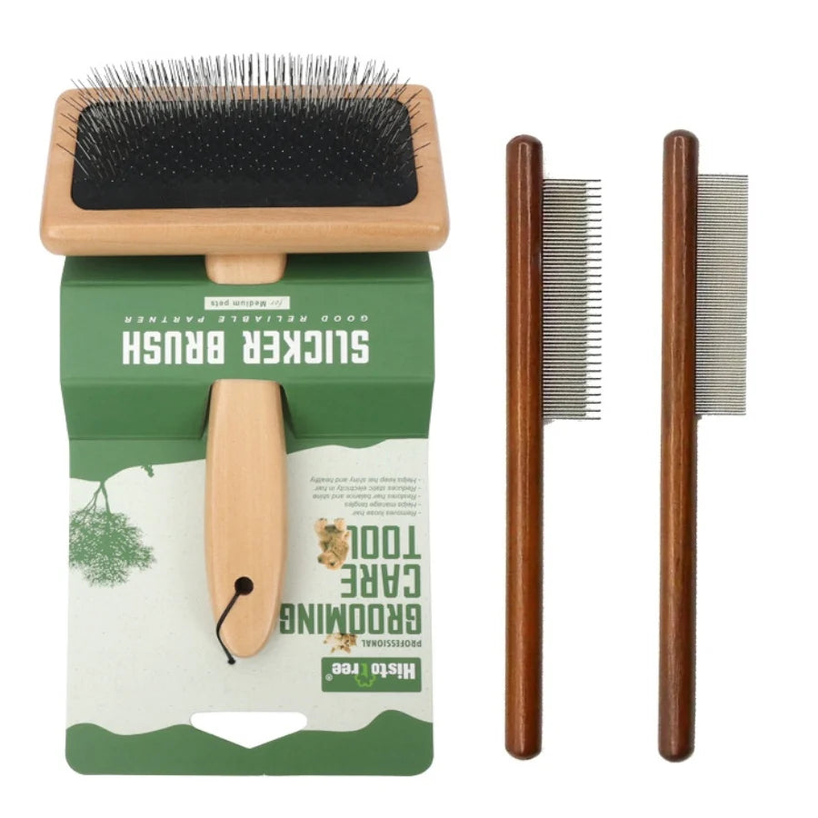 Wooden Handle Cat Grooming Comb - Stainless Steel Pet Hair Remover & Massage Brush