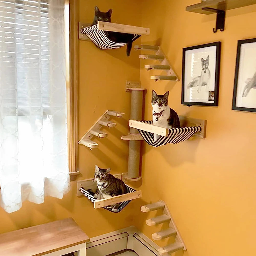 Modular Wall-Mounted Cat Climbing System - Wooden Cat Tree Shelves with Hammocks & Scratching Posts