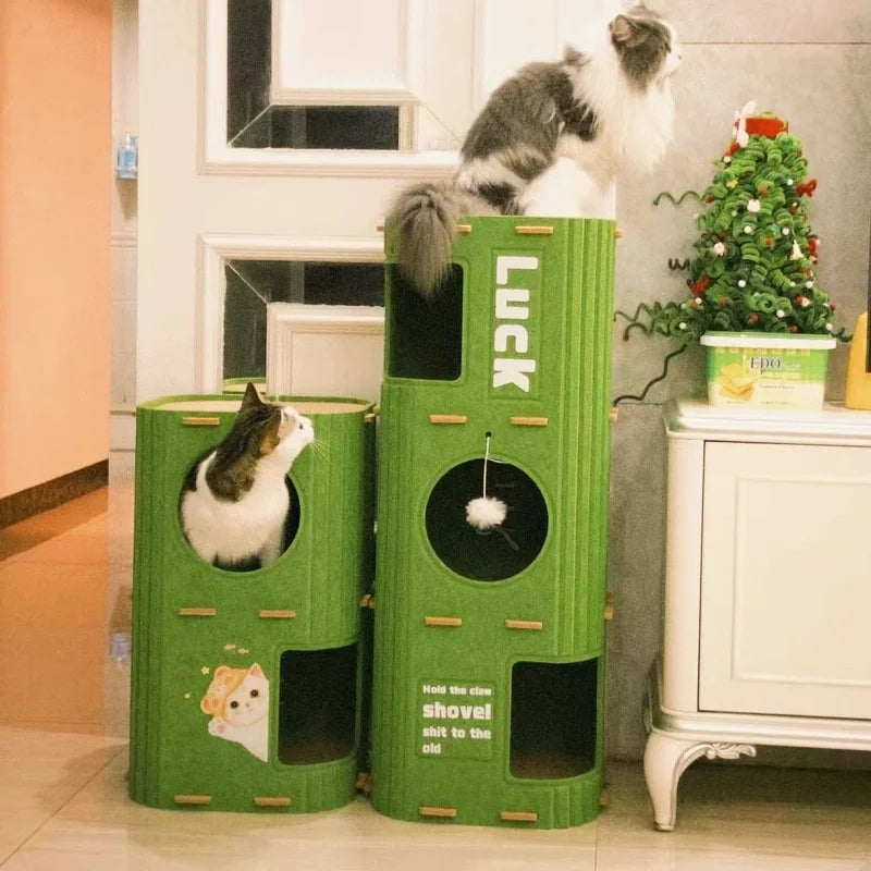 Modular Cat Cave Tower - Multi-Level Felt Hideaway with Tunnel Design for Indoor Cats & Small Dogs