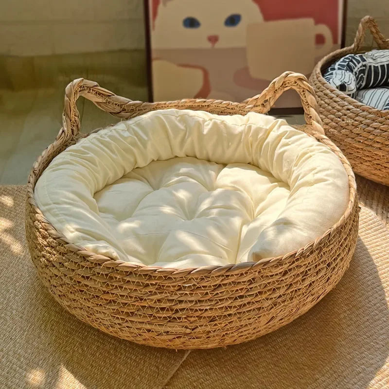 Handwoven Natural Cat Bed - Removable Cushion with Year-Round Comfort & Easy-Wash Design