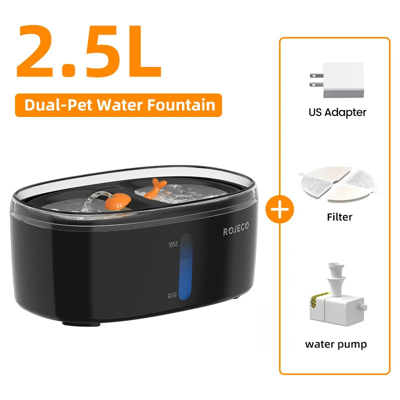 ROJECO 2.5L Automatic Cat Water Fountain - Dual Bowl Wireless Pet Drinking Fountain with Ultra-Quiet Pump for Cats or Small Dogs